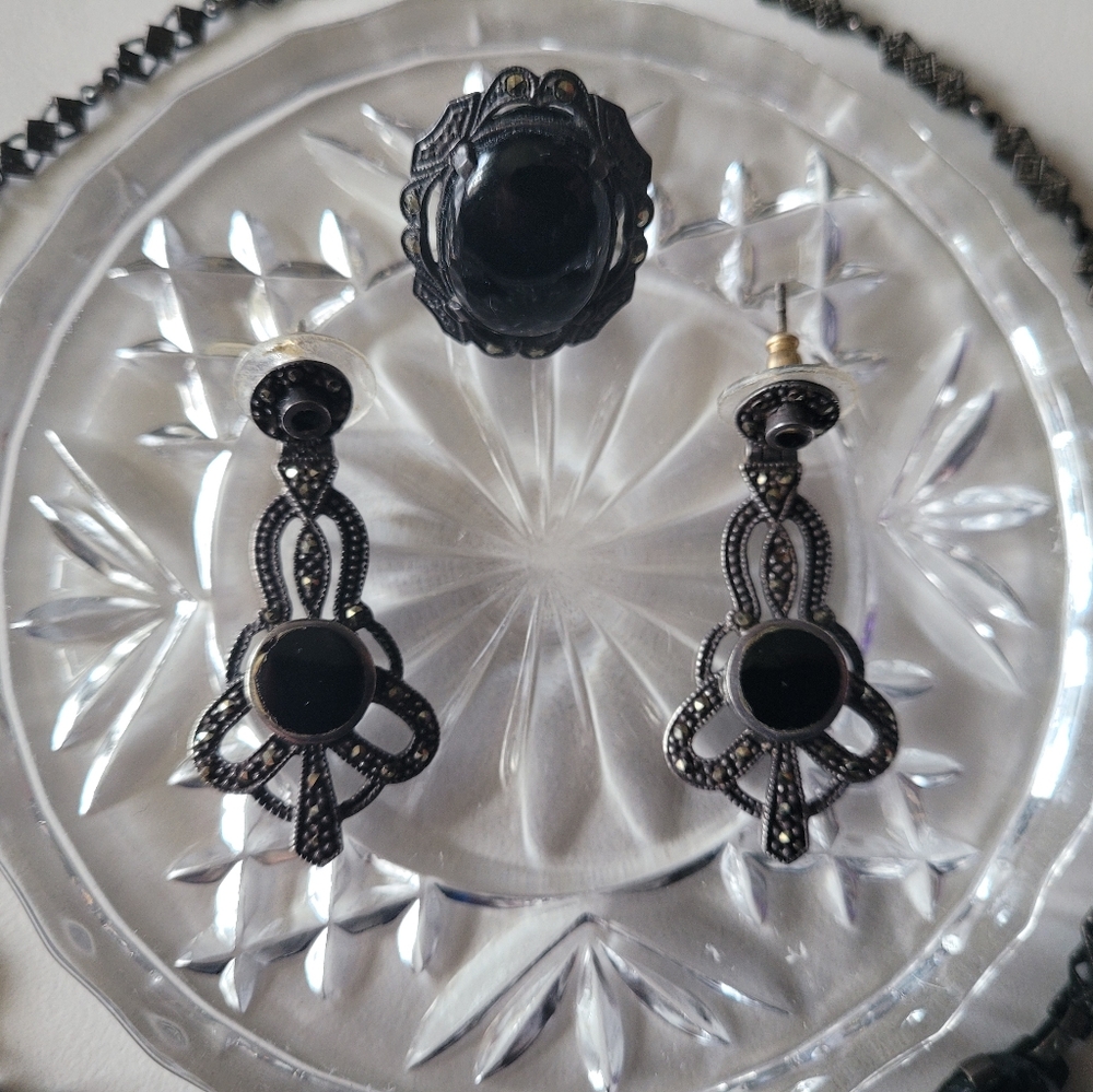 Edwardian Era Sterling Silver Jewelry Set with Necklace, Earrings, & Ring - Picture 5 of 5